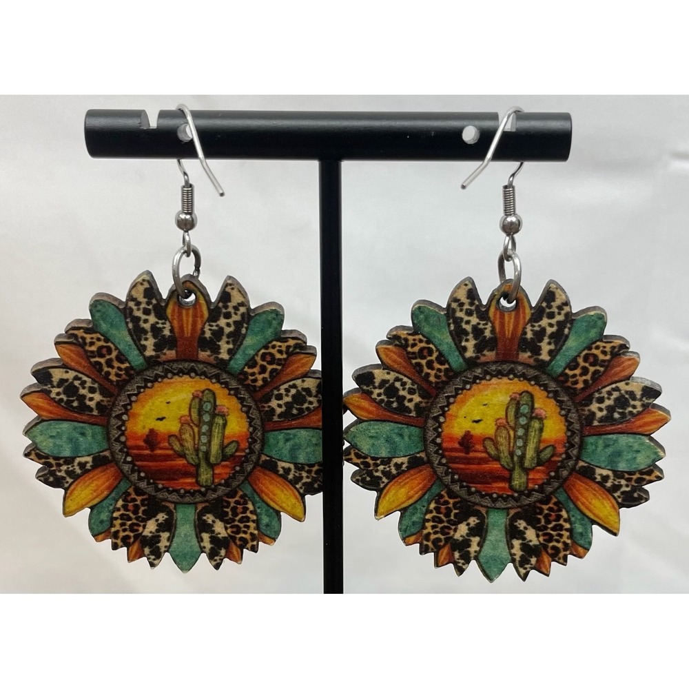 Western Cactus Sunflower Wood‎ Dangle Earrings Leopard Print Boho Festival